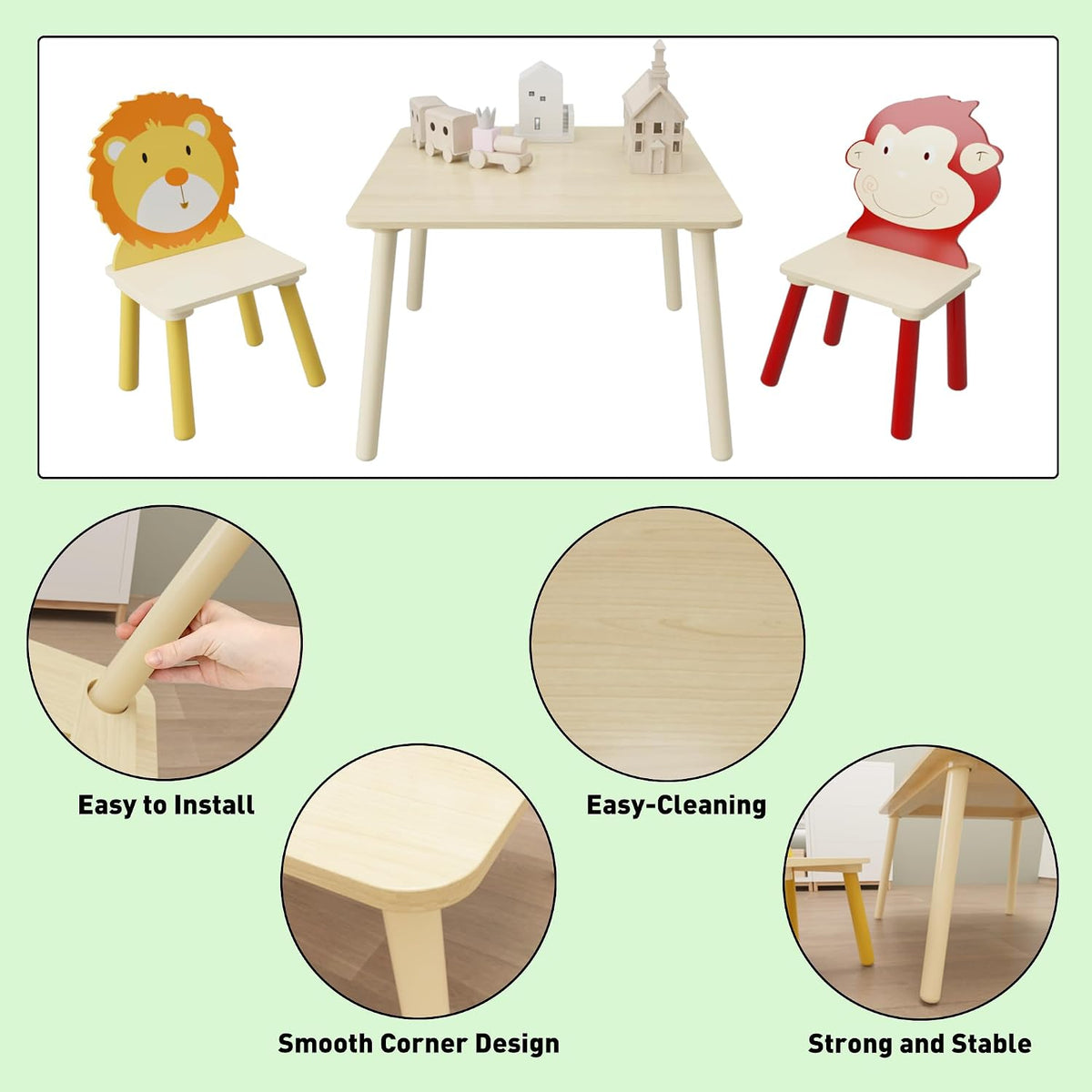 3 Pieces Toddler Table and Chair Set, Lion & Monkey Pattern Solid Wood Legs Heavy Duty Boys and Girls Activity Play Table and 2 Chairs Furniture for Playroom Daycare Kindergarten