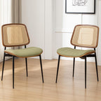 Rattan Dining Room Chairs Set of 4,Mid Century Modern Green PU Leather Kitchen Chair,Upholstered Seat Metal Legs Chairs with Adjustable Foot Pads,Walnut Armless Side Chairs