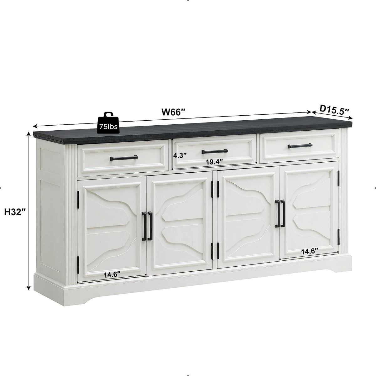 JXQTLINGMU 66" Farmhouse Buffet Cabinet with Storage, Sideboard Credenza, Carved Cloud-Inspired Doors, 3 Drawers & Adjustable Shelves, Coffee Bar Cabinet, Off White