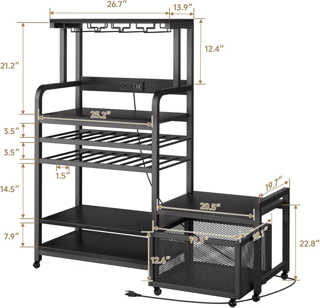 Mini Fridge Stand with Power Outlet, Microwave Stand with Wine Rack, Coffee bar with Removable Storage Baskets, Suitable for Dorm, Kitchen, Dining Area, Black