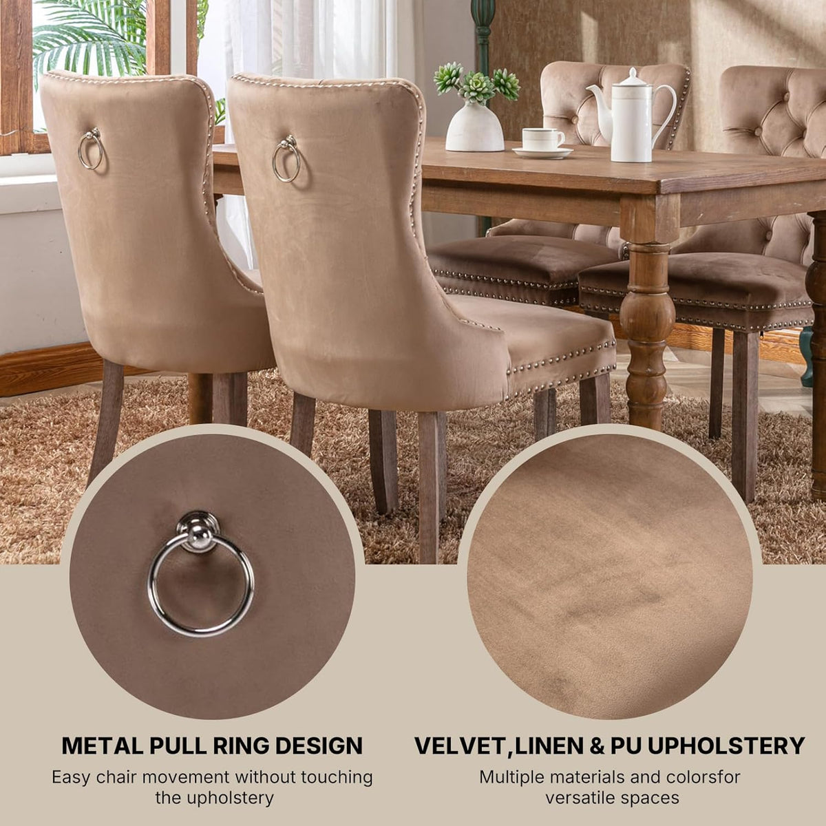 OVENTA Modern Tufted Upholstered Dining Chairs Set of 6, Sand Velvet Dining Room Chair with Solid Wood Legs, Sillas de Comedor, Kitchen Chairs (Sand, Velvet Set of 6)