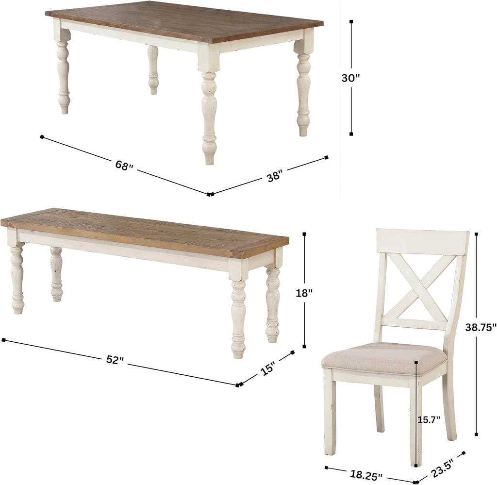 Roundhill Furniture Prato 6-Piece Dining Set, Dining Table with 4 Cross Back Chairs and Bench, Antique White and Distressed Oak Finish