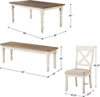 Roundhill Furniture Prato 6-Piece Dining Set, Dining Table with 4 Cross Back Chairs and Bench, Antique White and Distressed Oak Finish