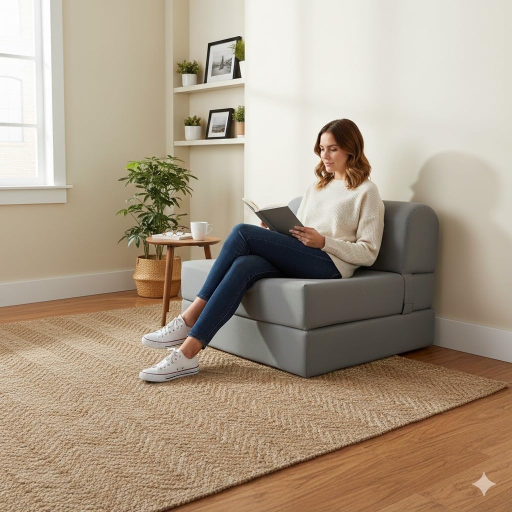 D&D Futon Furniture Sleeper Chair Folding Bed, Studio Sofa Guest Folded Mattress, High Density Foam (70 x 32 x 6, Gray)