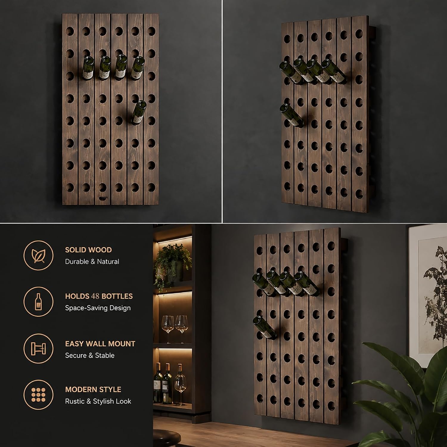 Wall Mounted Wine Riddling Rack,Wall Mounted Wine Rack Solid Wood Storage Organizer Vertical Display Stand for Kitchen Dining Room Bar Rustic Home Decor Space Saving Design(2 * 8, Brown)