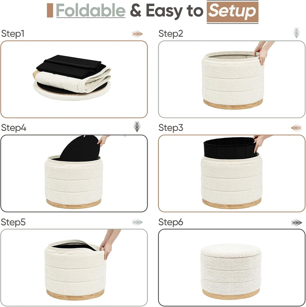Round Storage Ottoman with Tray Lid, Folding Chenille Fabric Footrest with Hidden Storage, 22.8" Large Footstool Side Table for Dorm Living Room Bedroom, Wood Grain Base, Cream White