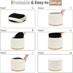 Round Storage Ottoman with Tray Lid, Folding Chenille Fabric Footrest with Hidden Storage, 22.8" Large Footstool Side Table for Dorm Living Room Bedroom, Wood Grain Base, Cream White