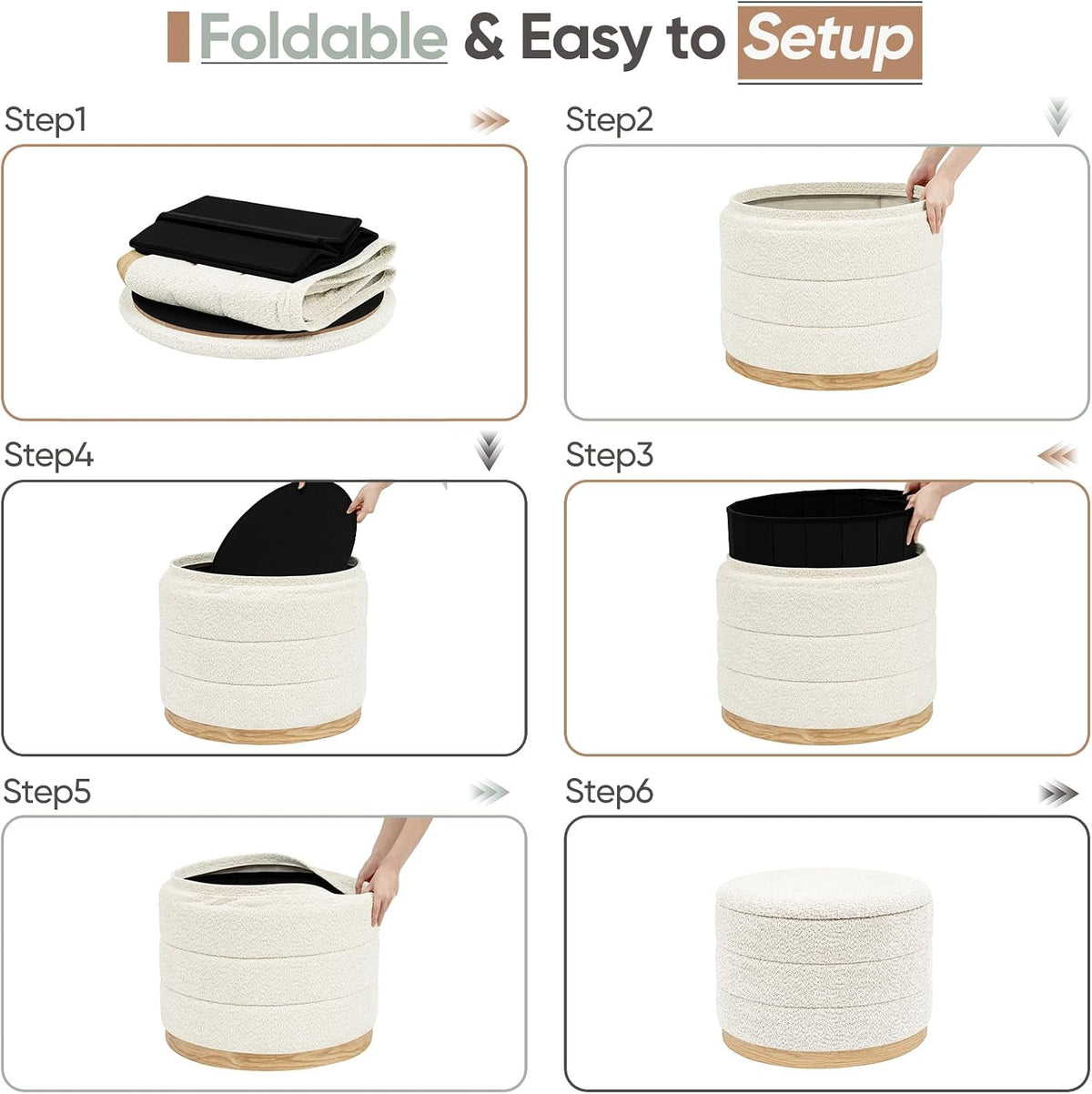 Round Storage Ottoman with Tray Lid, Folding Chenille Fabric Footrest with Hidden Storage, 22.8" Large Footstool Side Table for Dorm Living Room Bedroom, Wood Grain Base, Cream White
