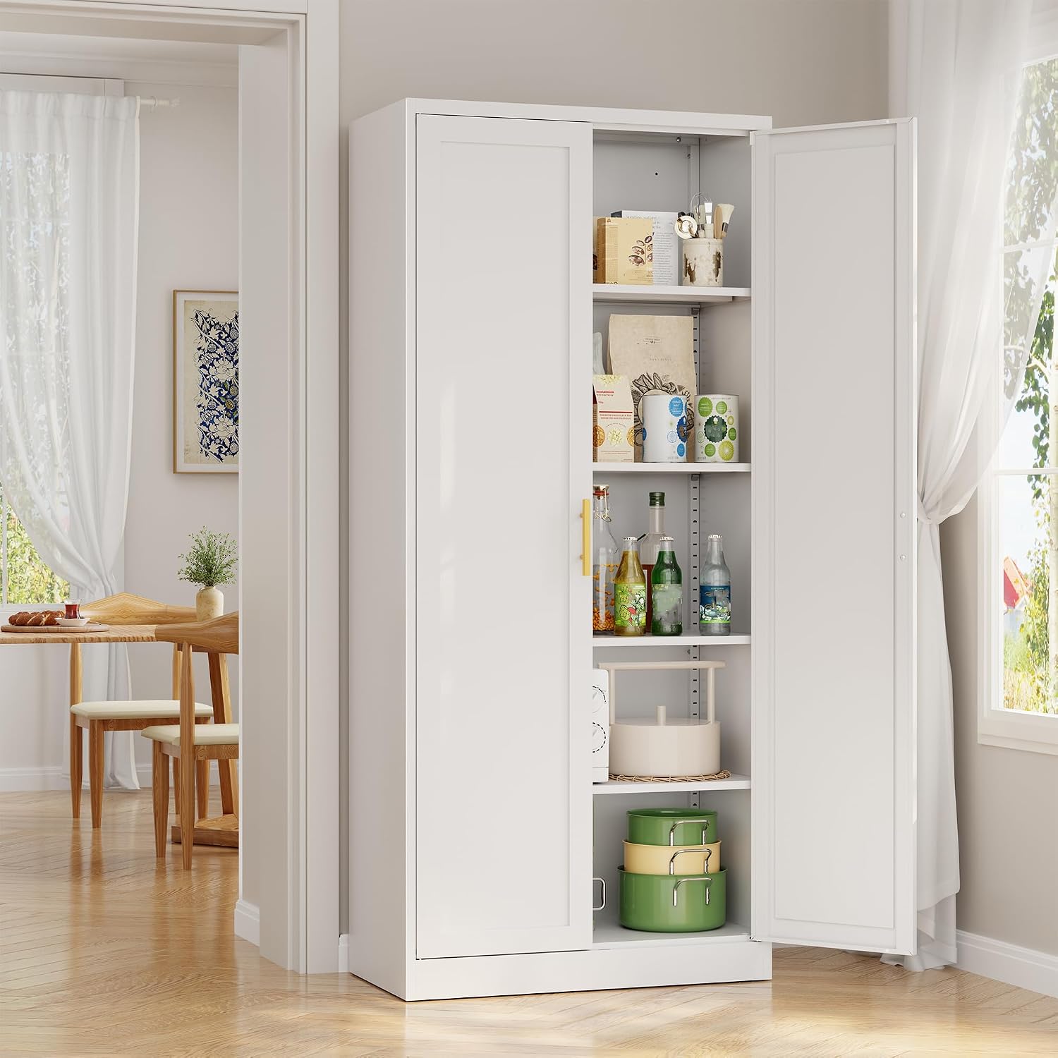 Metal Pantry Cabinet, 71"H x 28"W x 14"D Pantry Cabinets with 2 Doors and 4 Adjustable Shelves, Kitchen Pantry Storage Cabinets, Metal Storage Cabinet for Kitchen, Dining Room, Living Room-White