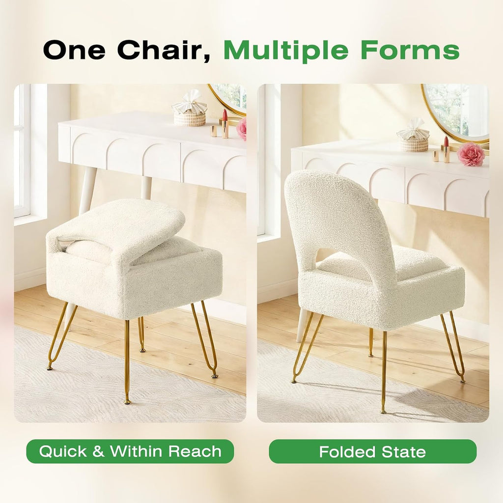 Vanity Stool with Storage & Folding Backrest, Cute White Faux Fur Makeup Stool Ottoman, Comfy Padded Chair for Bedroom, Adjustable Back & Plush Cushion Seat, 16.6" Wide 11L Storage Space