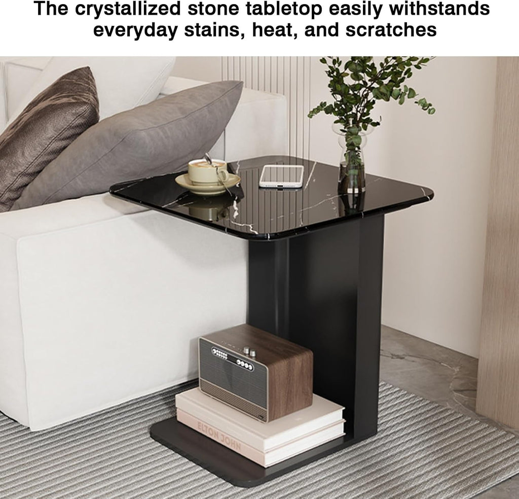 Bedside/Sofa Side Table – Two-Tier Micro-Crystalline Stone Table (Suitable as Living Room Corner Table or Bedroom Nightstand)