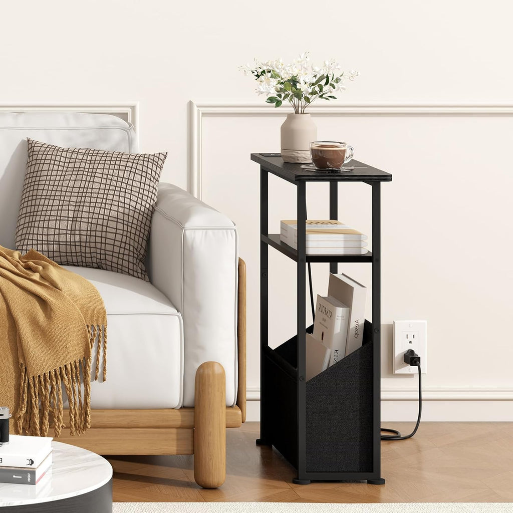 Yusong Narrow Side Table for Small Spaces, Skinny Charging End Table with Storage Basket, 3 Tier Slim Sofa Couch Bedside Table, Thin Nightstand for Bedroom, Living Room, Black