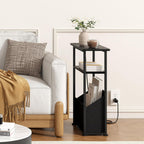 Yusong Narrow Side Table for Small Spaces, Skinny Charging End Table with Storage Basket, 3 Tier Slim Sofa Couch Bedside Table, Thin Nightstand for Bedroom, Living Room, Black