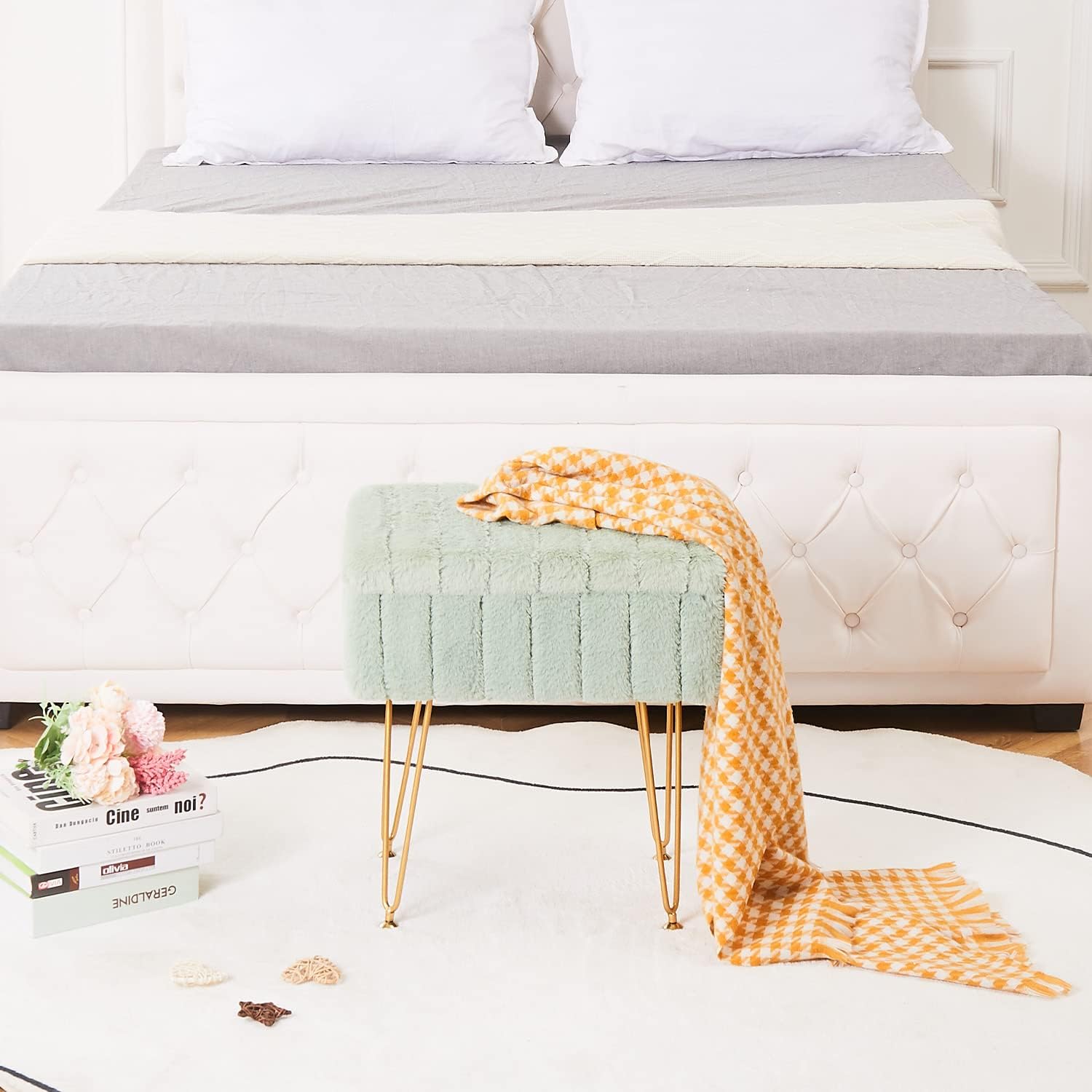 Wimarsbon Faux Mink Fur Storage Ottoman, Modern Soft Footstool, Storage Bench with Metal Legs, Vanity Seat, Fur Stool, Ottoman Coffee Table, Makeup Chair, Vanity Stools for Bedroom (Light Green) | Luxurious soft faux mink fur upholstery, Sleek golden