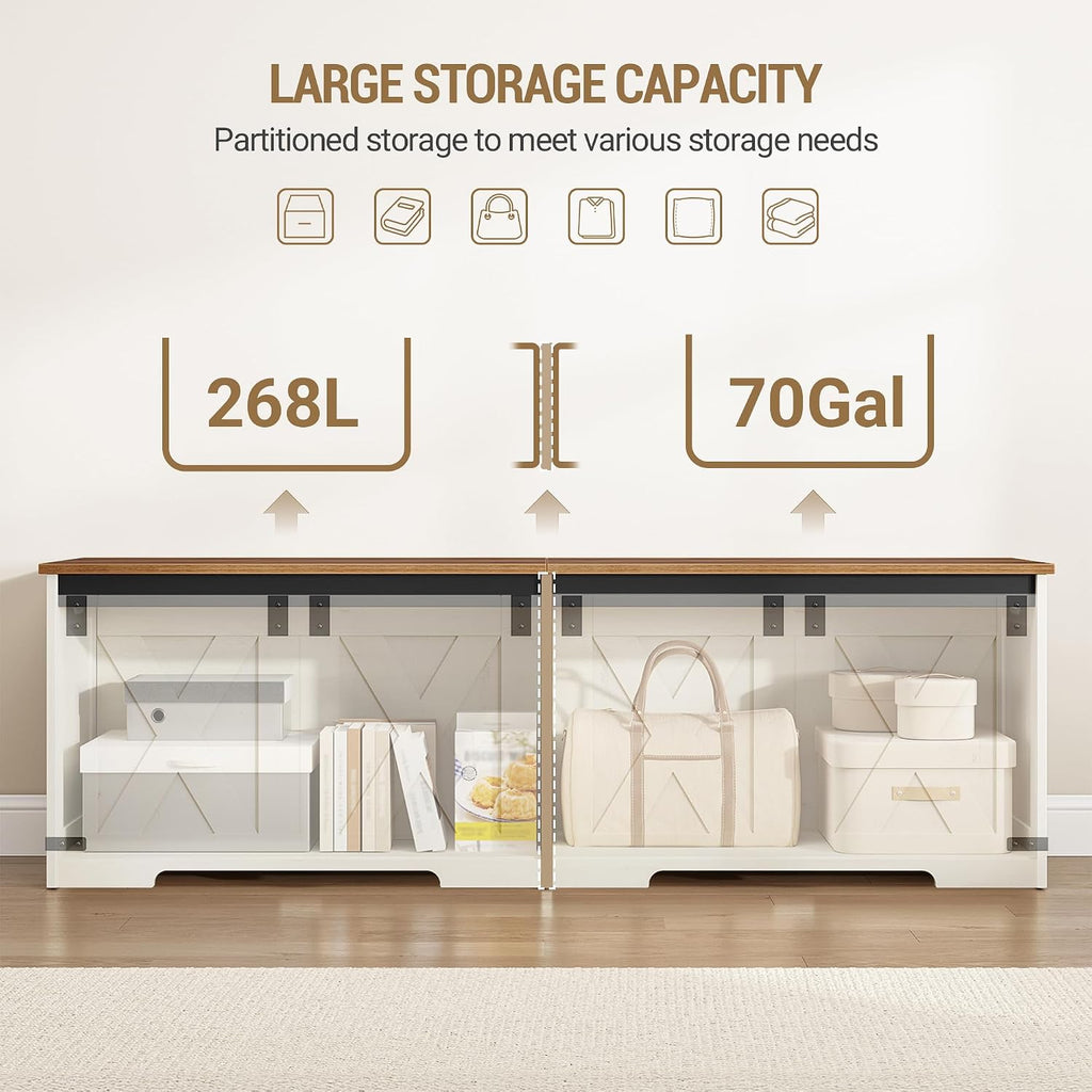 Hzuaneri 59" Farmhouse Storage Chest and Bench | 70 Gal | 330lb Seat | Soft-Close Hinges | Retro White | Shoe and Blanket Storage for Bedroom, Living Room, Entryway | Easy Assembly | SB15014X