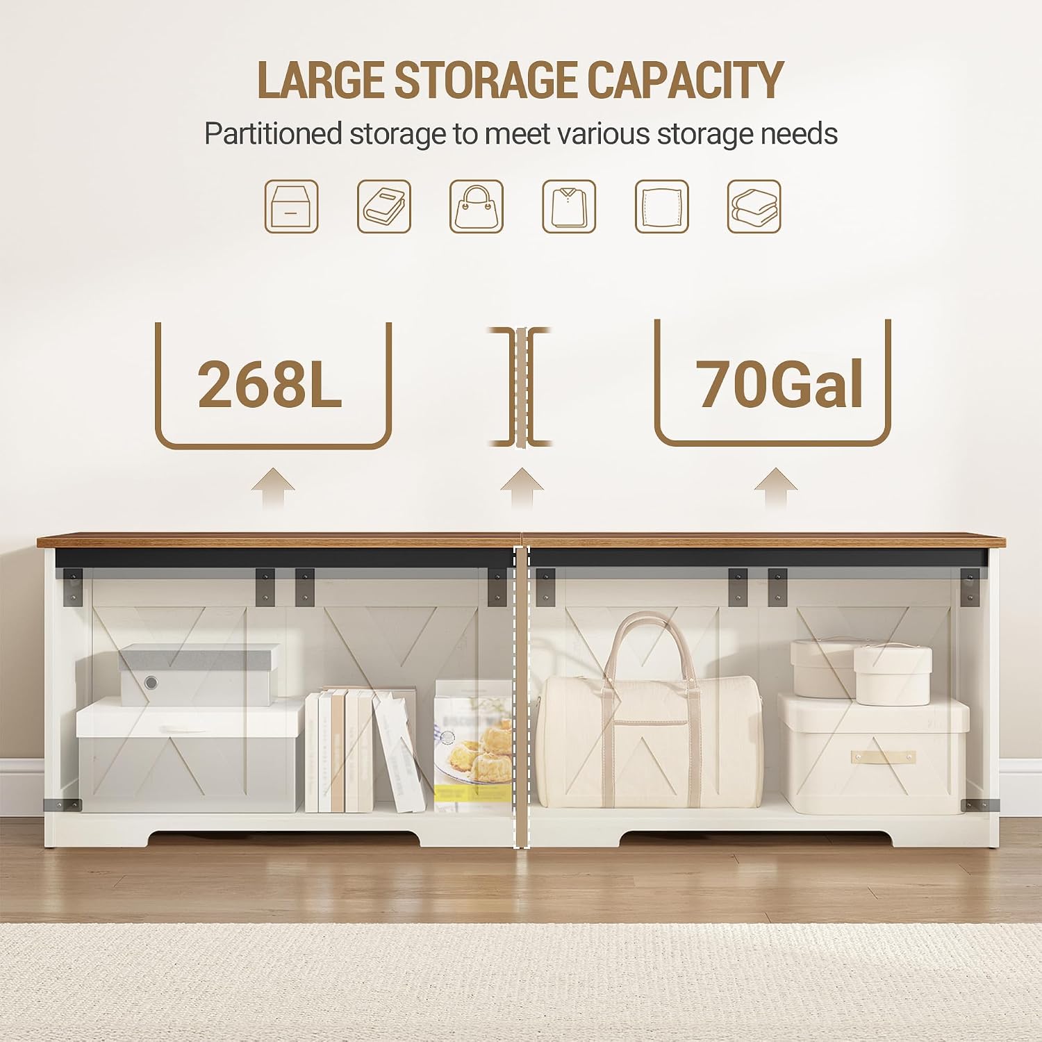 Hzuaneri 59" Farmhouse Storage Chest and Bench | 70 Gal | 330lb Seat | Soft-Close Hinges | Retro White | Shoe and Blanket Storage for Bedroom, Living Room, Entryway | Easy Assembly | SB15014X