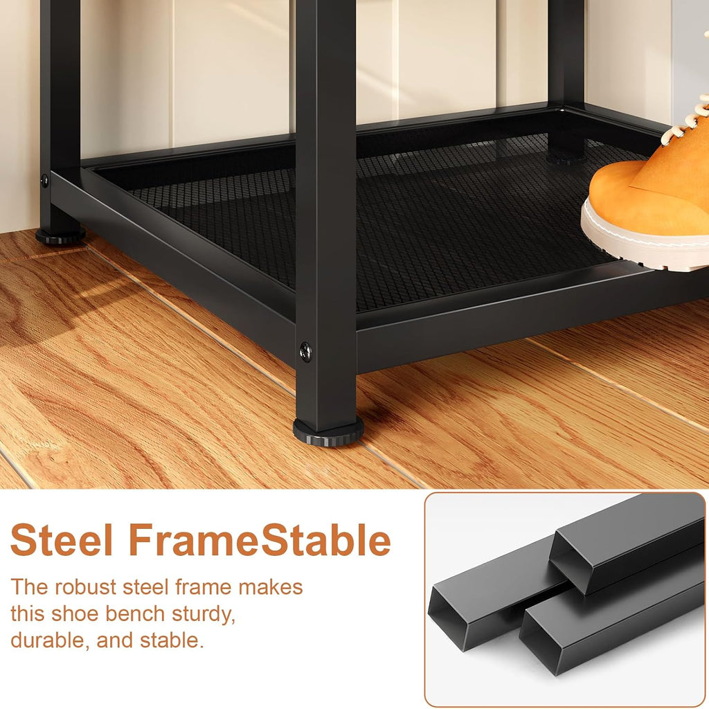 Small Shoe Storage Bench with PU Leather Seat Cushion, 3-Tier Freestanding Shoe Rack Organizer for Entryway, Heavy-Duty Metal Mesh Shelves, Supports Up to 300 lbs, Brown (15.7"x11.4"x17.5")