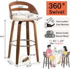 Swivel Bar Stools, 30 inch Mid Century Modern Bar Stools with Low Back | Solid Bentwood Frame, Walnut Finish, Wooden Legs, Faux Leather Upholstered Seat, Bar Chairs for Bar, Cafe, Pub, Restaurant