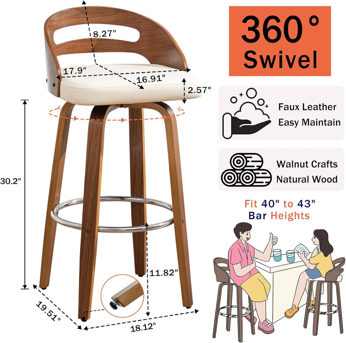 Swivel Bar Stools, 30 inch Mid Century Modern Bar Stools with Low Back | Solid Bentwood Frame, Walnut Finish, Wooden Legs, Faux Leather Upholstered Seat, Bar Chairs for Bar, Cafe, Pub, Restaurant