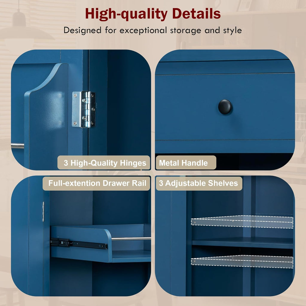 Merax 74.8'' Tall Kitchen Pantry Storage Cabinet with 6 Doors, 3 Drawers and Adjustable Shelves, Freestanding Large Cupboard & Pull-Out Trays for Kitchen, Dining Room, Living Room, Blue