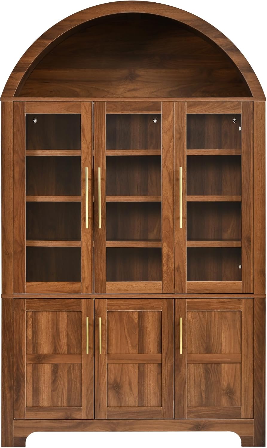 73" Tall Arched Kitchen Pantry with Three Glass Doors,Door Shelves & Adjustable Shelves, Tall Cupboard for Dining Room, Bathroom (Walnut-CW)