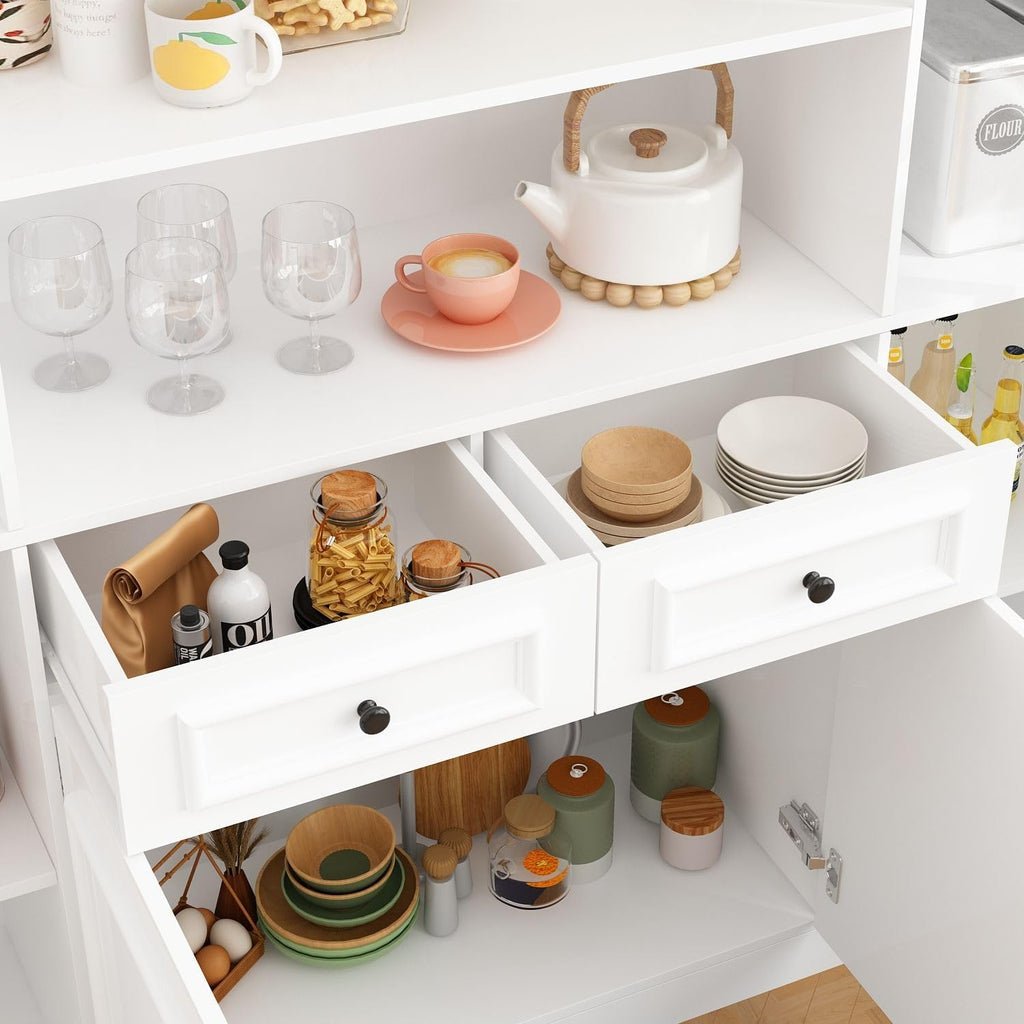 MOUMON Large Kitchen Hutch Storage Cabinet with Adjustable Shelves & Glass Doors, Pantry Organization and Kitchen Storage with Drawers, White (63”W x 15.7”D x 78.7”H)