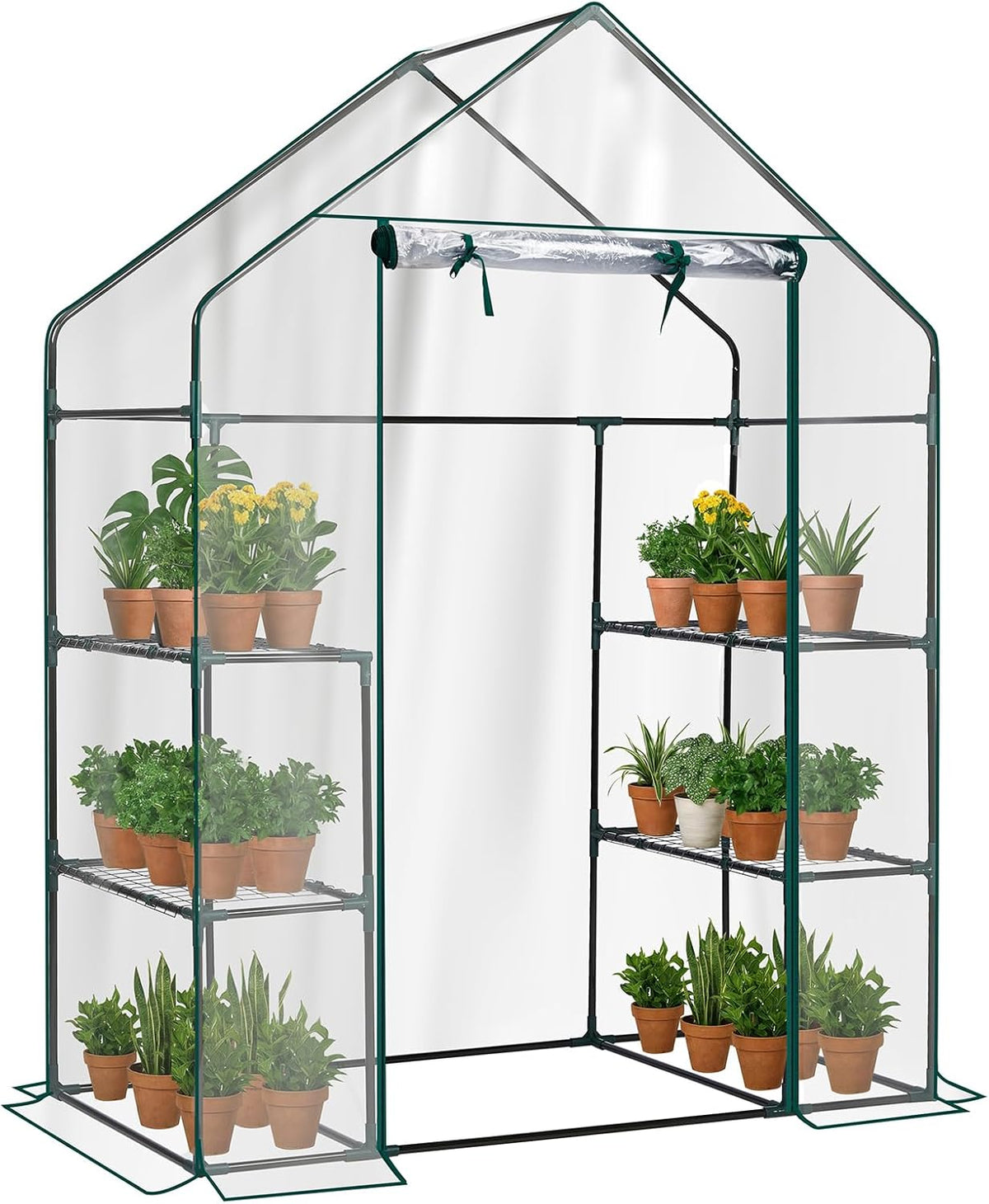 Outvita Walk-in Greenhouse, Outdoor Durable PVC Plant Green House for Frost Protection with 3 Tiers 4 Shelves, Shelf Clips, Roll-up Zipper Door, 56"x29"x77" Transparent