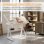 Drafting Table w/Art Stool, Hand Crank Height Adjustable Drawing Desk for Adults with Tilting Glass Top (0-70°), 2 Storage Drawers, Artist Table for Painting & Sketching(White)