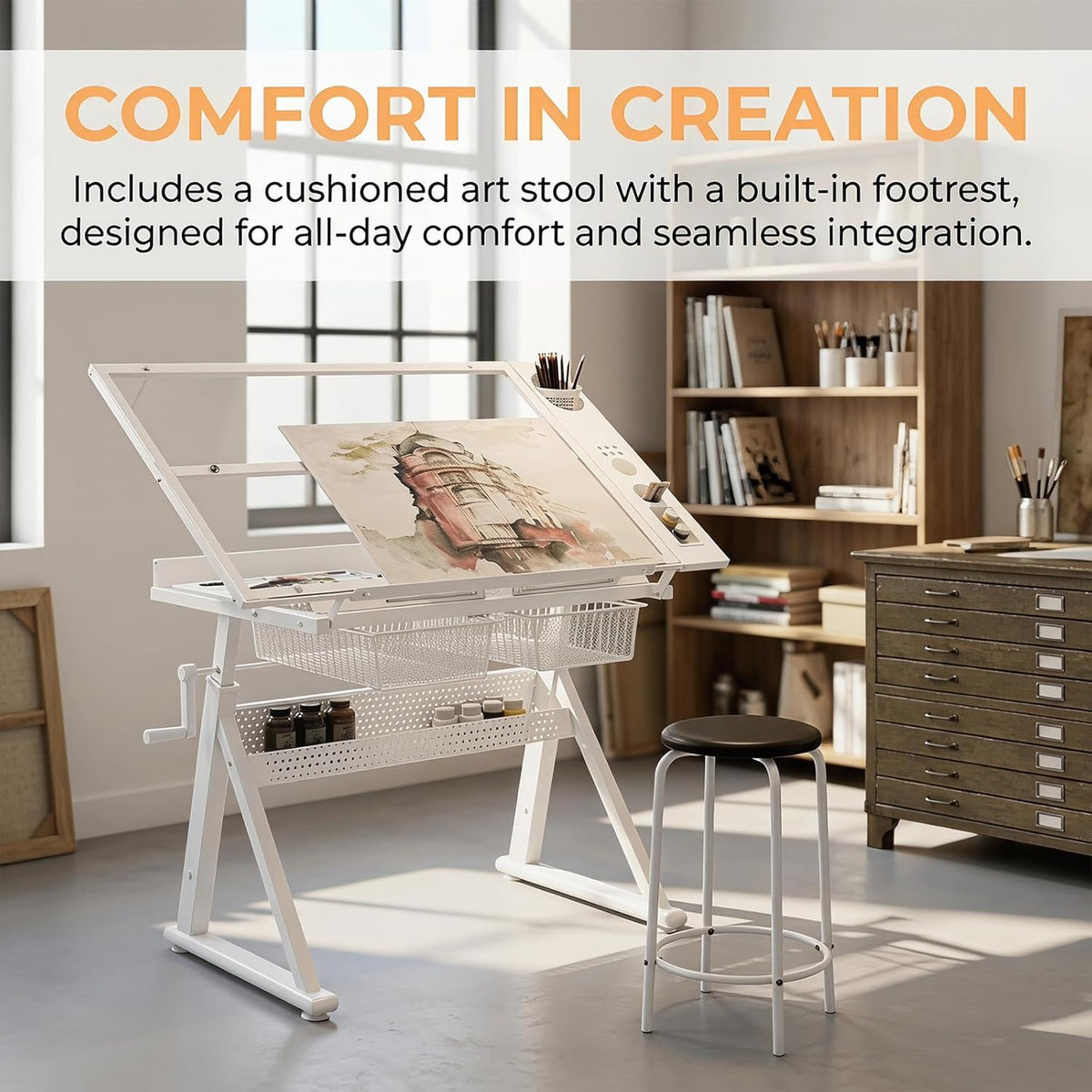 Drafting Table w/Art Stool, Hand Crank Height Adjustable Drawing Desk for Adults with Tilting Glass Top (0-70°), 2 Storage Drawers, Artist Table for Painting & Sketching(White)