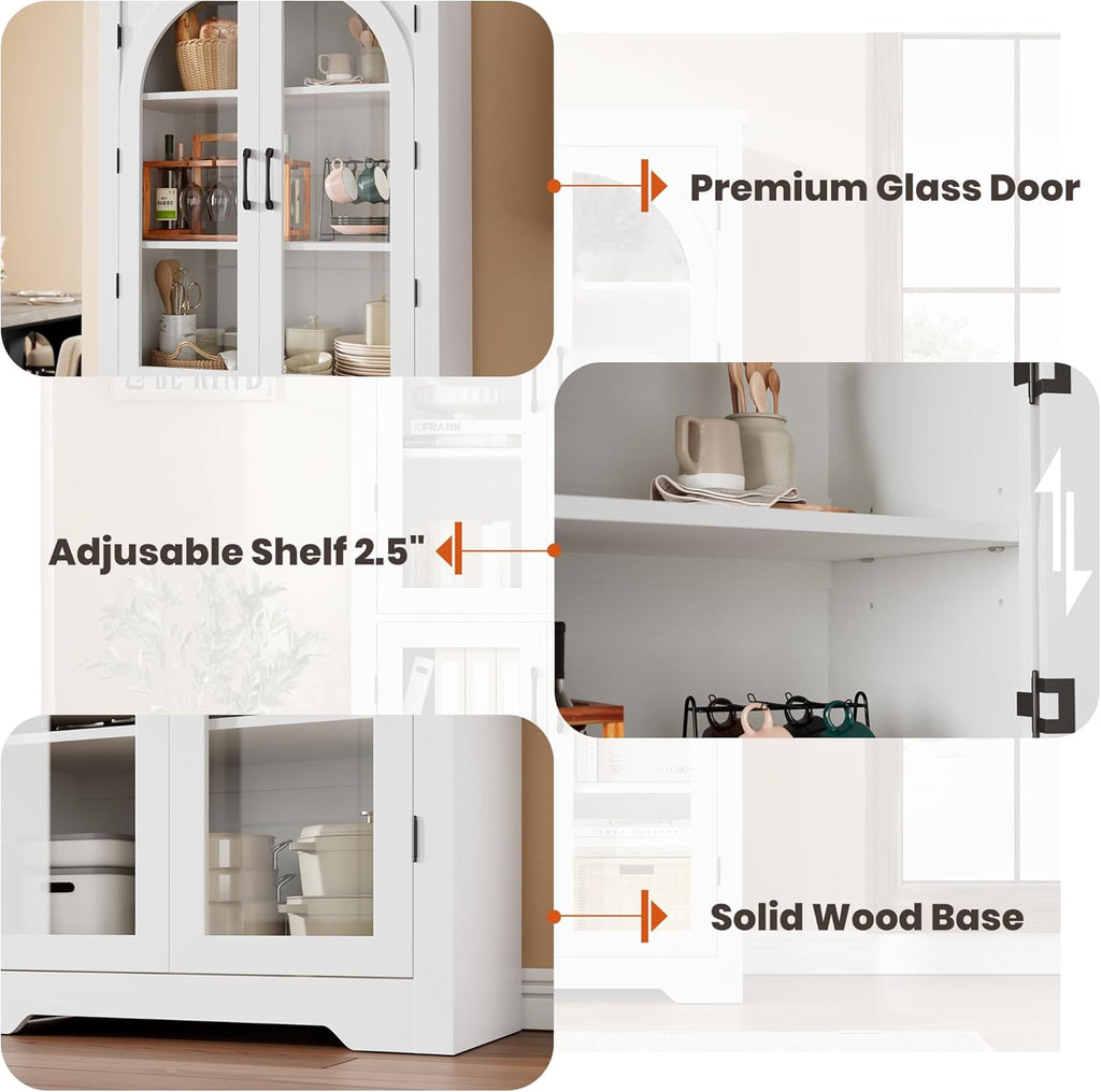 Garvee 70" Tall Kitchen Pantry Cabinet - Modern Display Cabinet with 4 Arched Glass Doors and Adjustable Shelves, Versatile Cupboard Organizers for Kitchen, Dining Room, Living Room, Bathroom, White