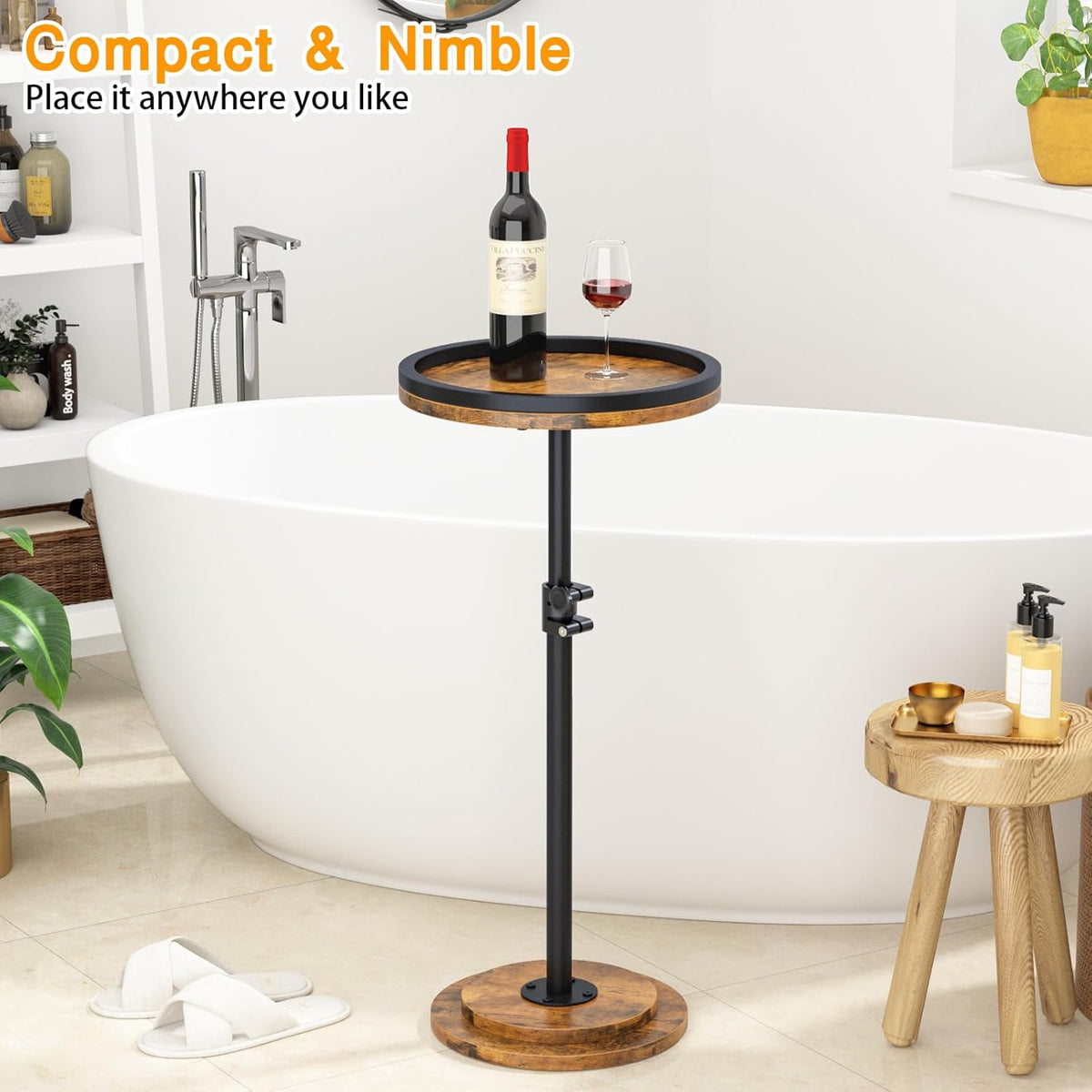 Small Side Table, Drink Table, Height Adjustable Round End Table, Pedestal Side Table for Small Spaces in Living Room, Bedroom, Brown