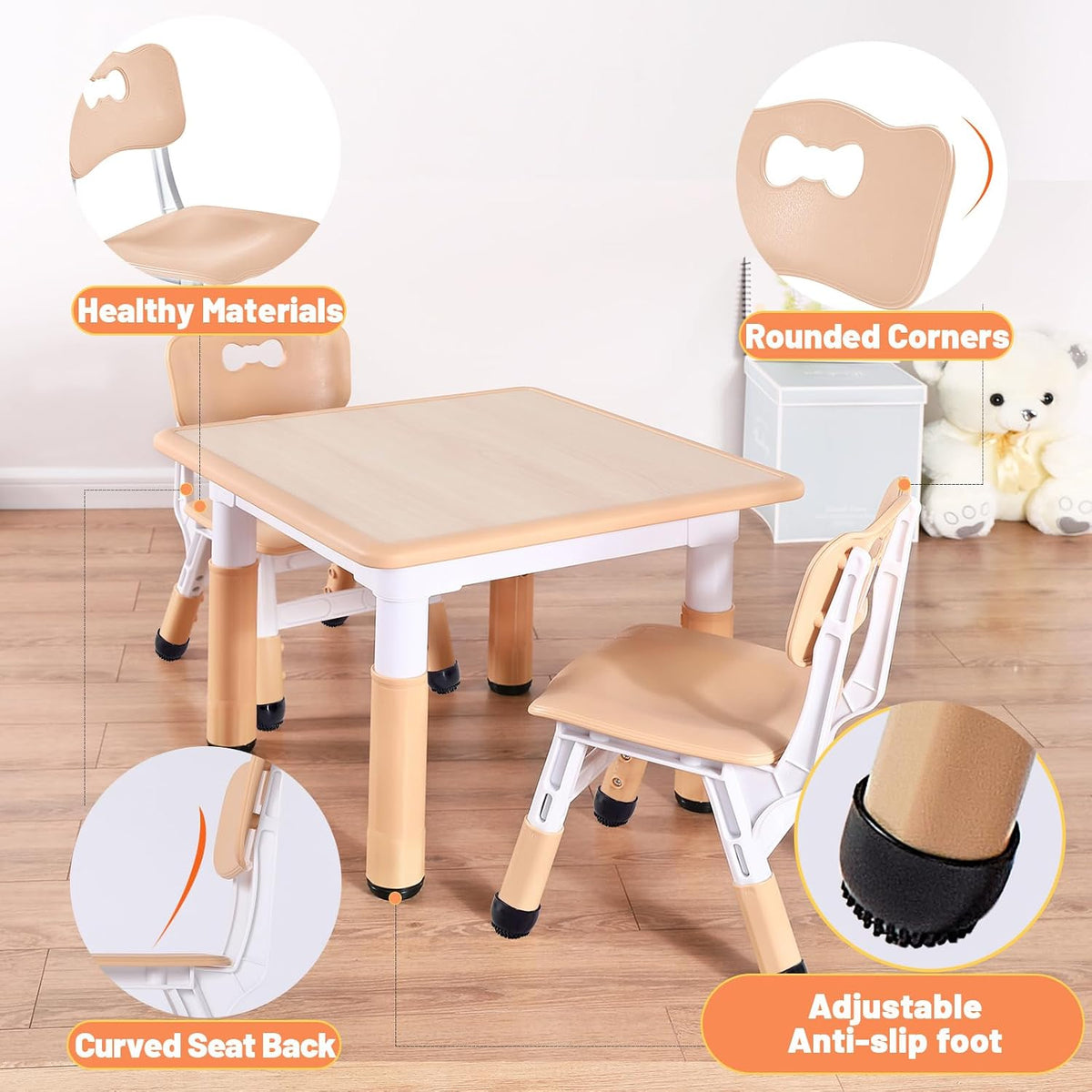 FUNLIO Kids Table and 4 Chairs Set and Adjustable Kids Chair (2pcs), Easy to Wipe Arts & Craftfor Classrooms/Daycares/Homes, CPC & CE Approved - Natural