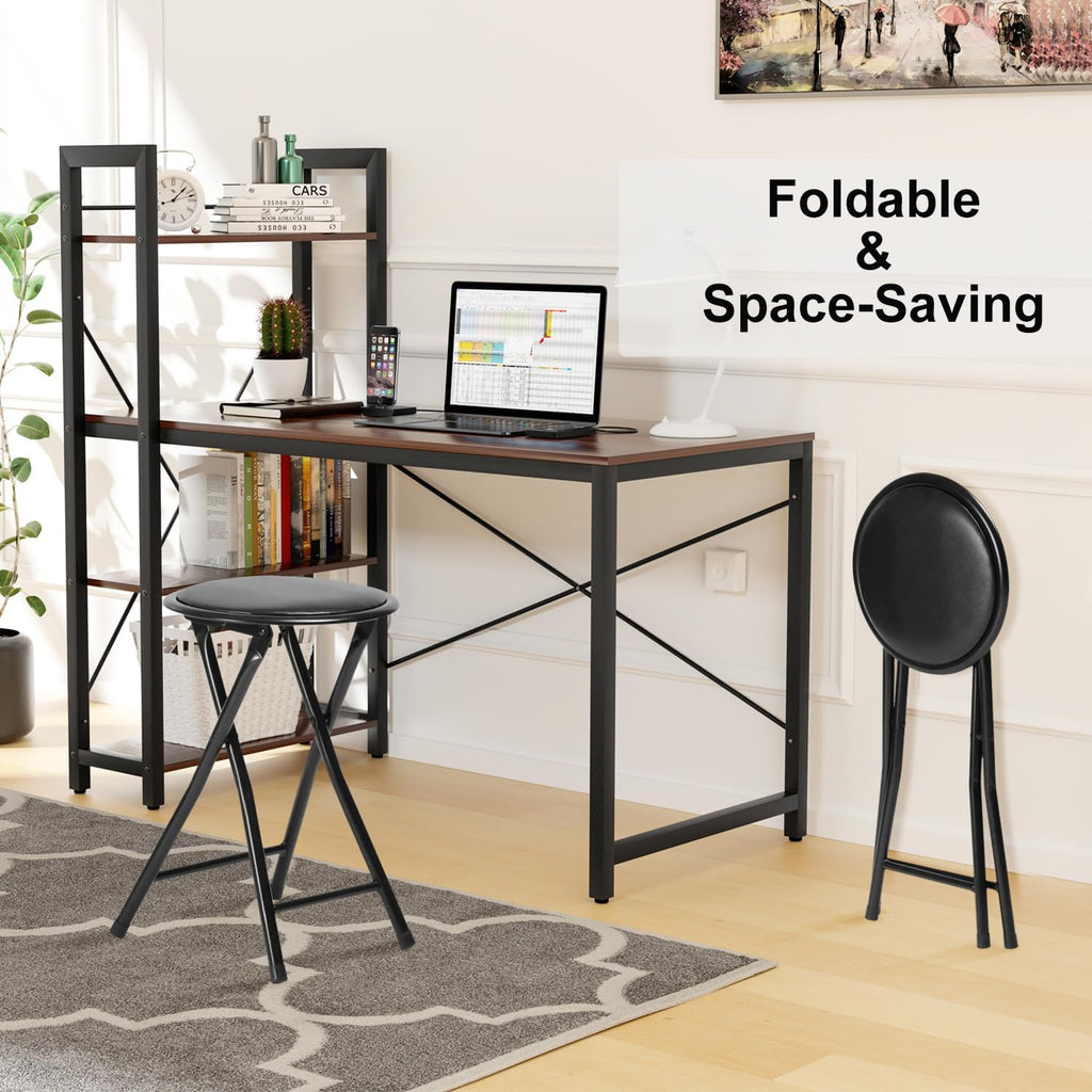 FurnitureR Folding Stool, Backless 18-Inch Stool Chair Collapsible Padded Round Portable for Indoor/Outdoor, Metal Frame, PVC Cushion, No Assembly Required, Set of 1, Black