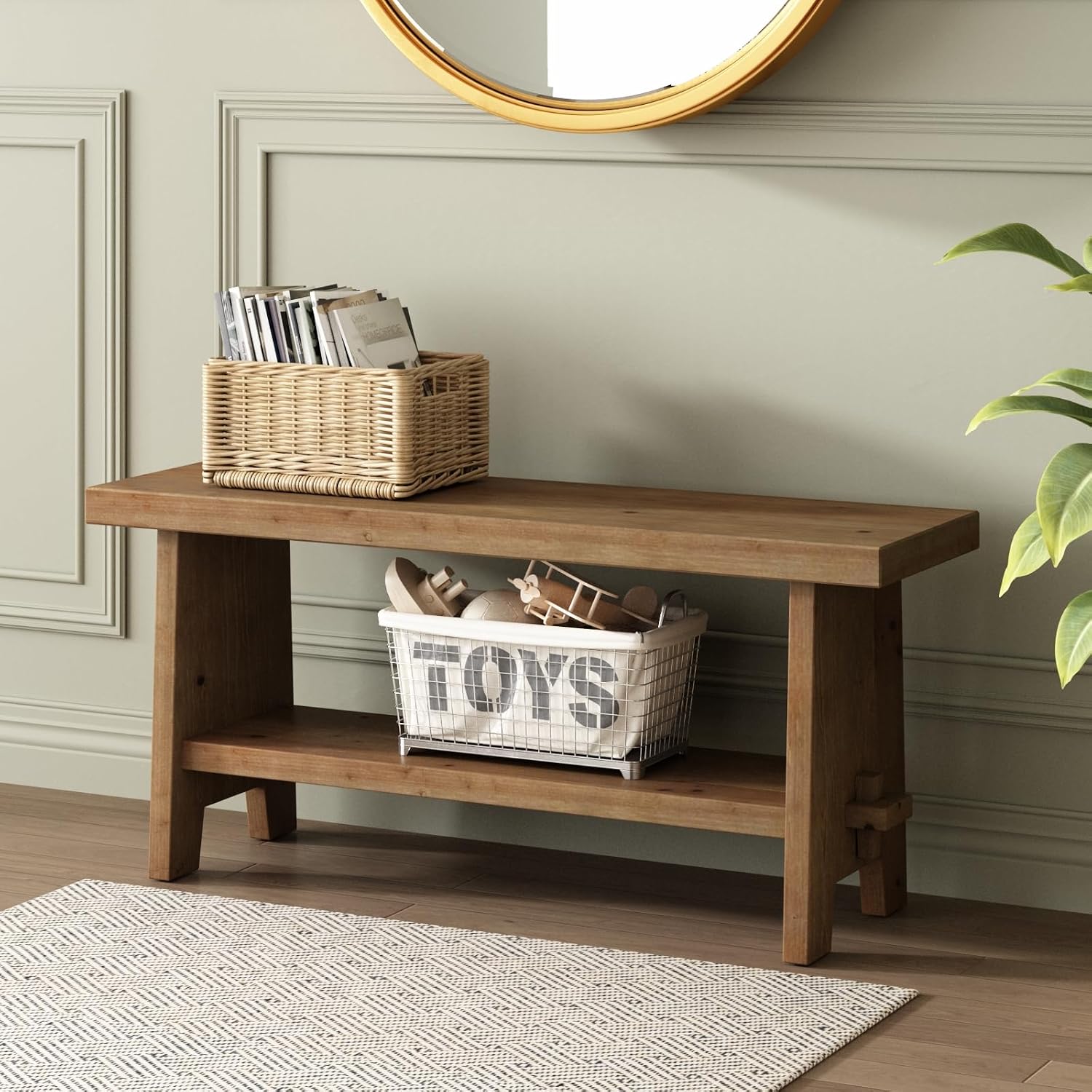 HOKYHOKY Solid Wood Entryway Bench - 39.4" Farmhouse Long Storage Bench, Rustic Narrow Bench Seat for Indoor, Entryway, Dining Room, Living Room and Hallway, Brown