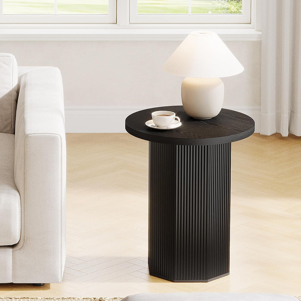 Tribesigns Round End Table, Farmhouse Pedestal Side Table, Fluted Wooden Nightstand Drink Stand for Living Room, Bedroom (1, Black)