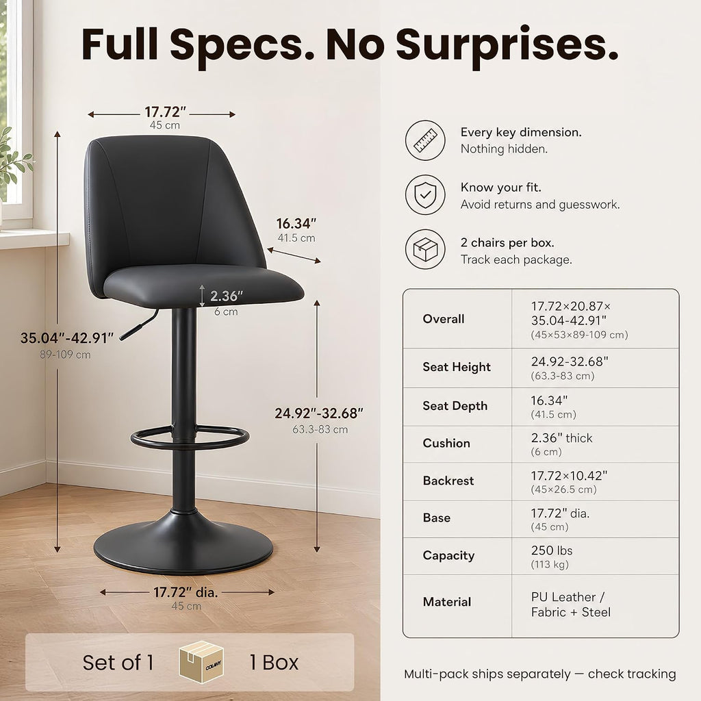COLAMY MALOL 360° Swivel Bar Stool, Counter Height Chair with Silent Rotation, High-Density Foam Cushion, Solid Wood Frame, Footrest & Anti-Slip Pads for Kitchen Islands and Home Bars (Grey, 30.5")