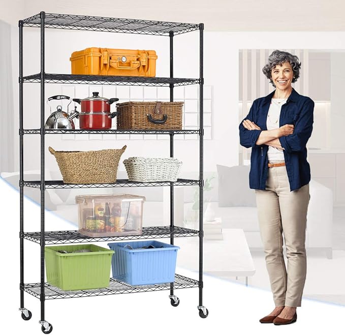 18x48x72 Inch Commercial Wire Shelving Unit with Wheels 6 Tier Heavy Duty Layer Rack Storage Metal Shelf Garage Organizer Wire Rack Shelving Adjustable Utility 2100 LBS Capacity with Casters,Black