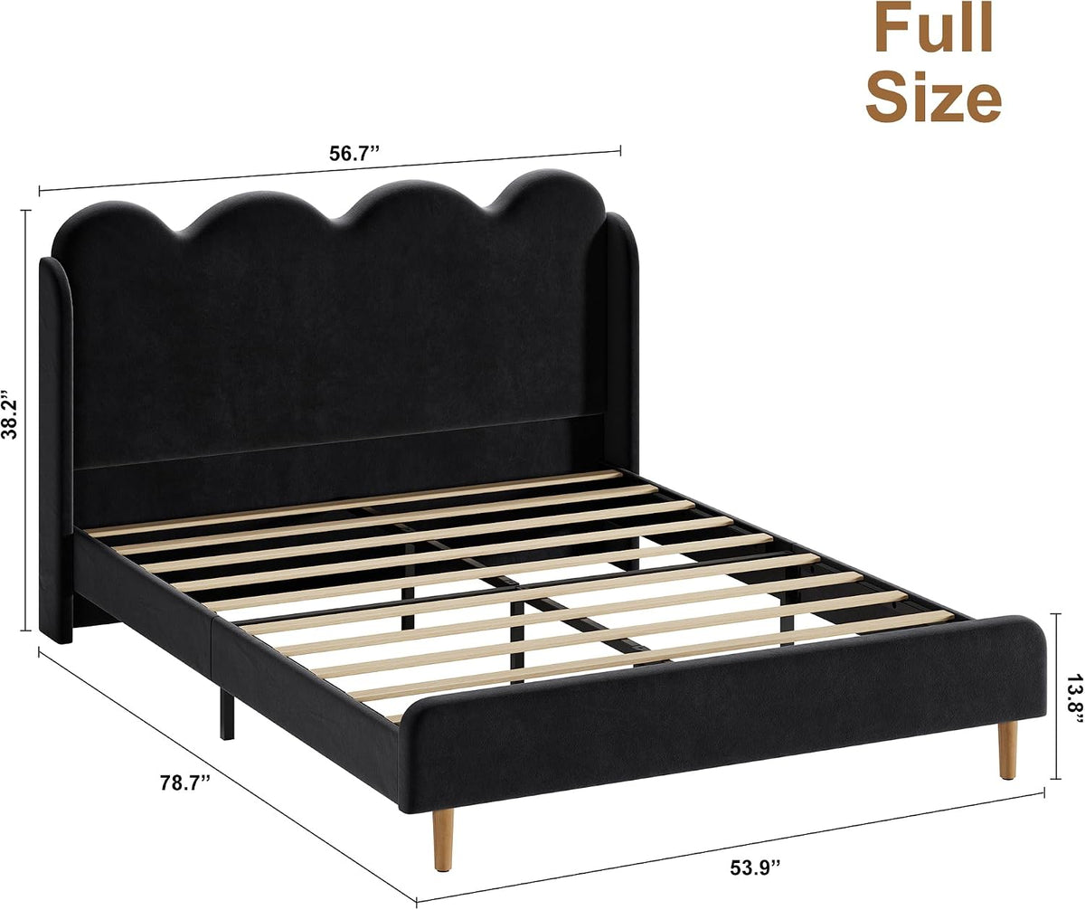Garvee Chenille Upholstered Full Size Bed Frame, Wingback Design, Black