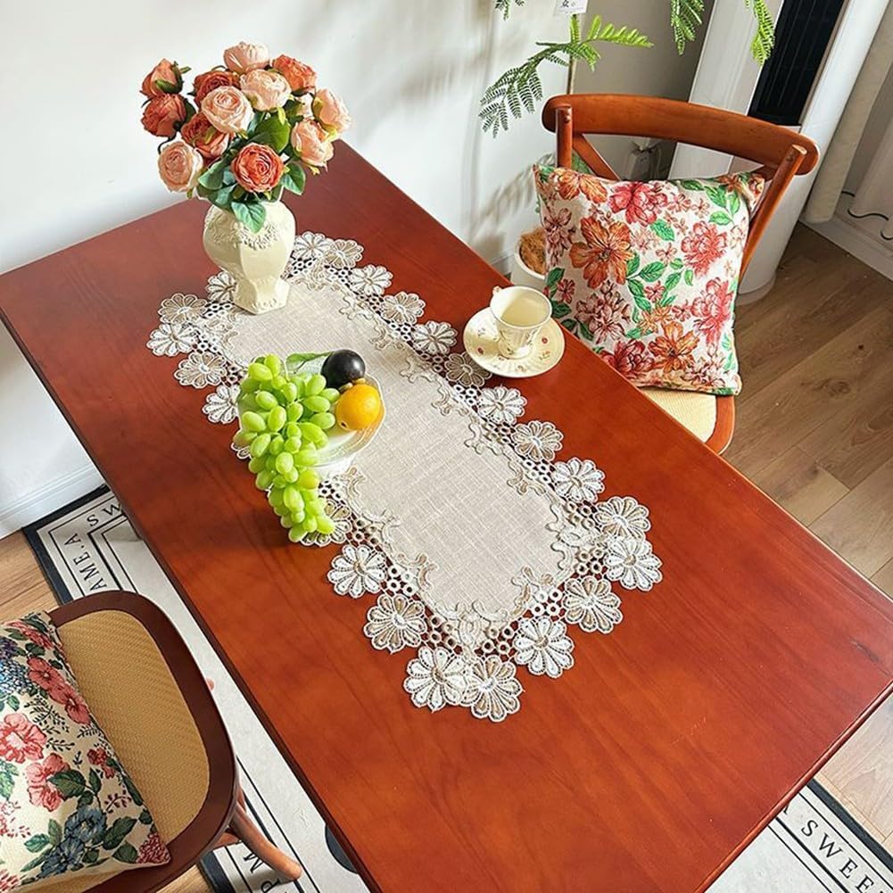 European Style Linen Runner Table with Lace Trim for Home Tables, Rectangular Shape, Suitable for Dining Room and Decoration (40 x 80 cm)