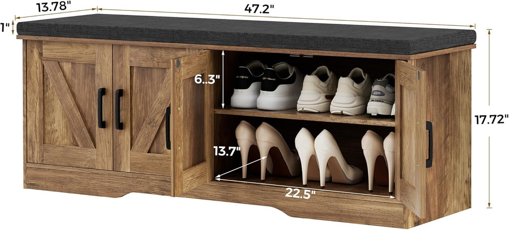 HOMSHO Farmhouse Shoe Storage Bench with 4 Barn Doors & Padded Seat Cushion | 47.2" Wide Entryway Bench with Adjustable Shelves & Hidden Storage, Rustic Walnut