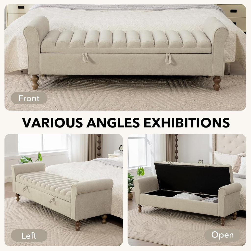 65" Oversize Storage Ottoman Bench, Fleece Upholstered End of Bed Benches with Rolled Armrest, Modern King Size Benches with Rolled Armrest, Window Bench (Griege+Single-Cover)