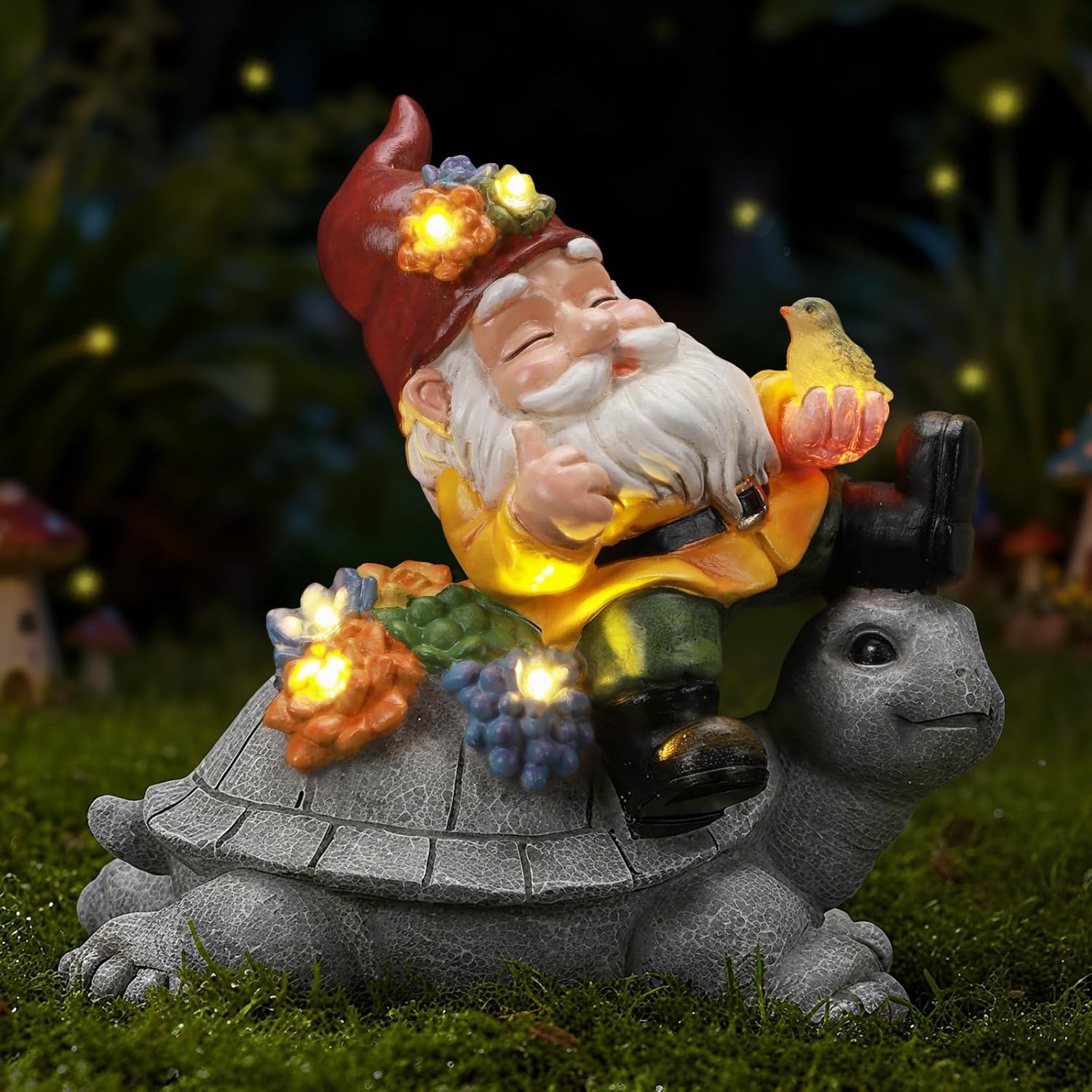 Solar Gnome on Turtle Statue Light, Weatherproof Resin Garden Decor Auto On/Off - Whimsical Night Glow for Fairy Garden & Yard