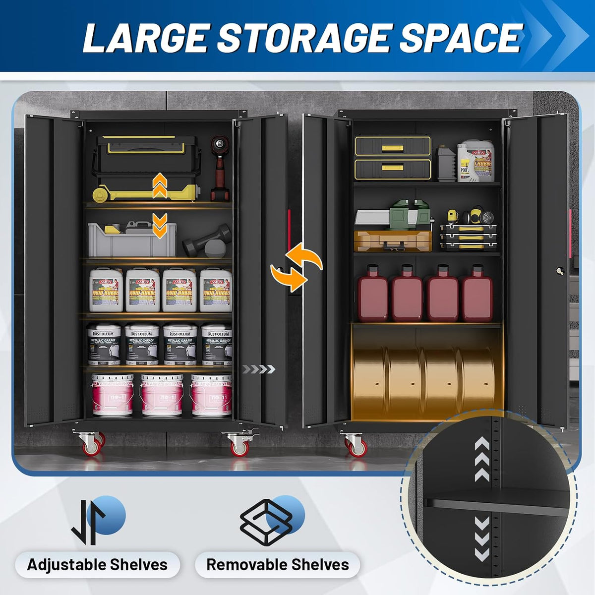 Metal Storage Cabinet with Wheels,71"Garage Cabinets with Lock Door | Heavy-Duty Garage Tool Cabinet with 4 Adjustable Shelves,Garage Cabinet and Storage System for Garage,Home,Shop,Office