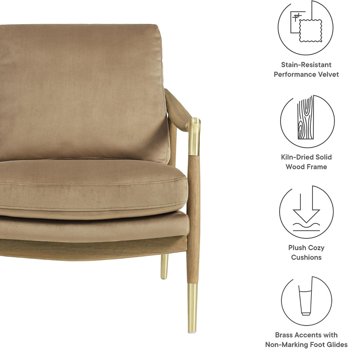 Modway Langford Stain-Resistant Performance Velvet Armchair – Mid Century Modern Velvet Chair with Wood Frame – Upholstered Accent Chair for Living Room or Bedroom