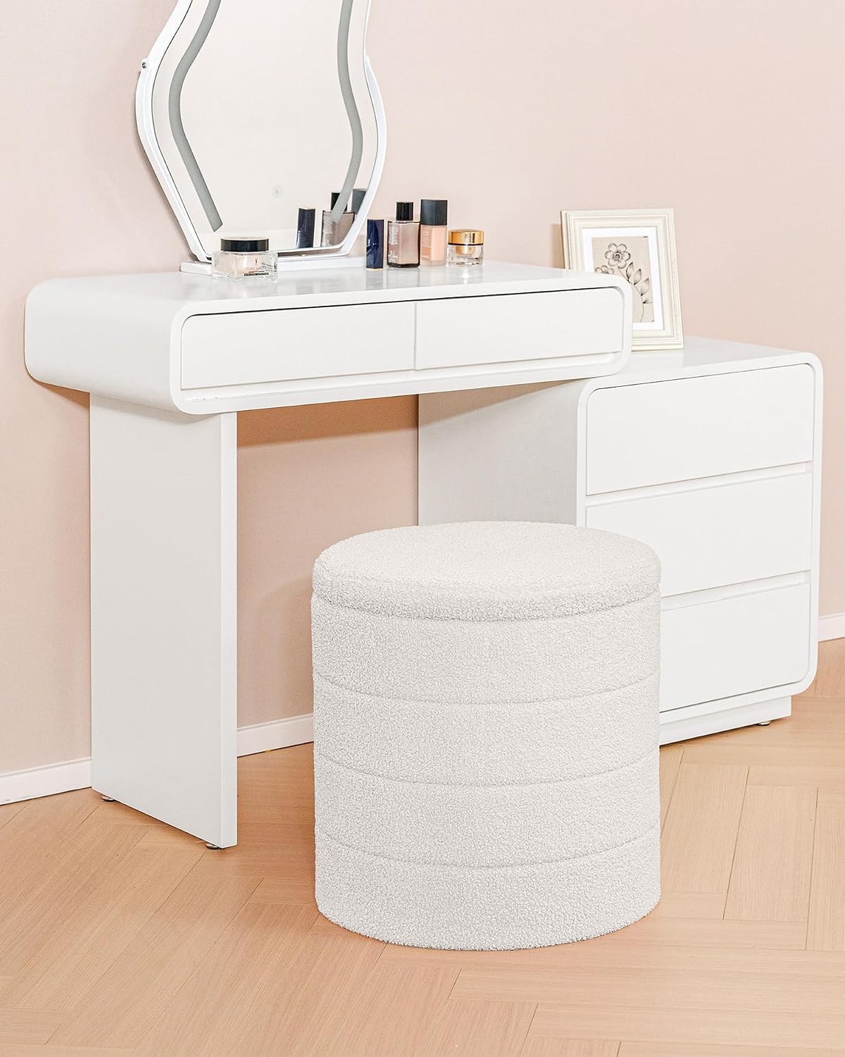 B FSOBEIIALEO Folding Storage Ottoman, Round Sherpa Ottomans, Cream White | 16.9" Foldable Ottoman With Tray, Boucle Foot Stool, Small Storage Coffee Table for Living Room, Bedroom, Hallway