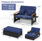 Tangkula Patio Rattan Daybed with 4-Level Adjustable Backrest, Outdoor Wicker Loveseat with Acacia Wood Armrest, Storage Ottoman & Folding Tray, Double Sunbed for Yard & Poolside (Navy & Black)