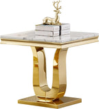 1 Piece Living Room End Table Luxury Faux Marble Sofa Side Table, Modern White Gold End Table with U-Shape Stainless Steel Pedestal Base