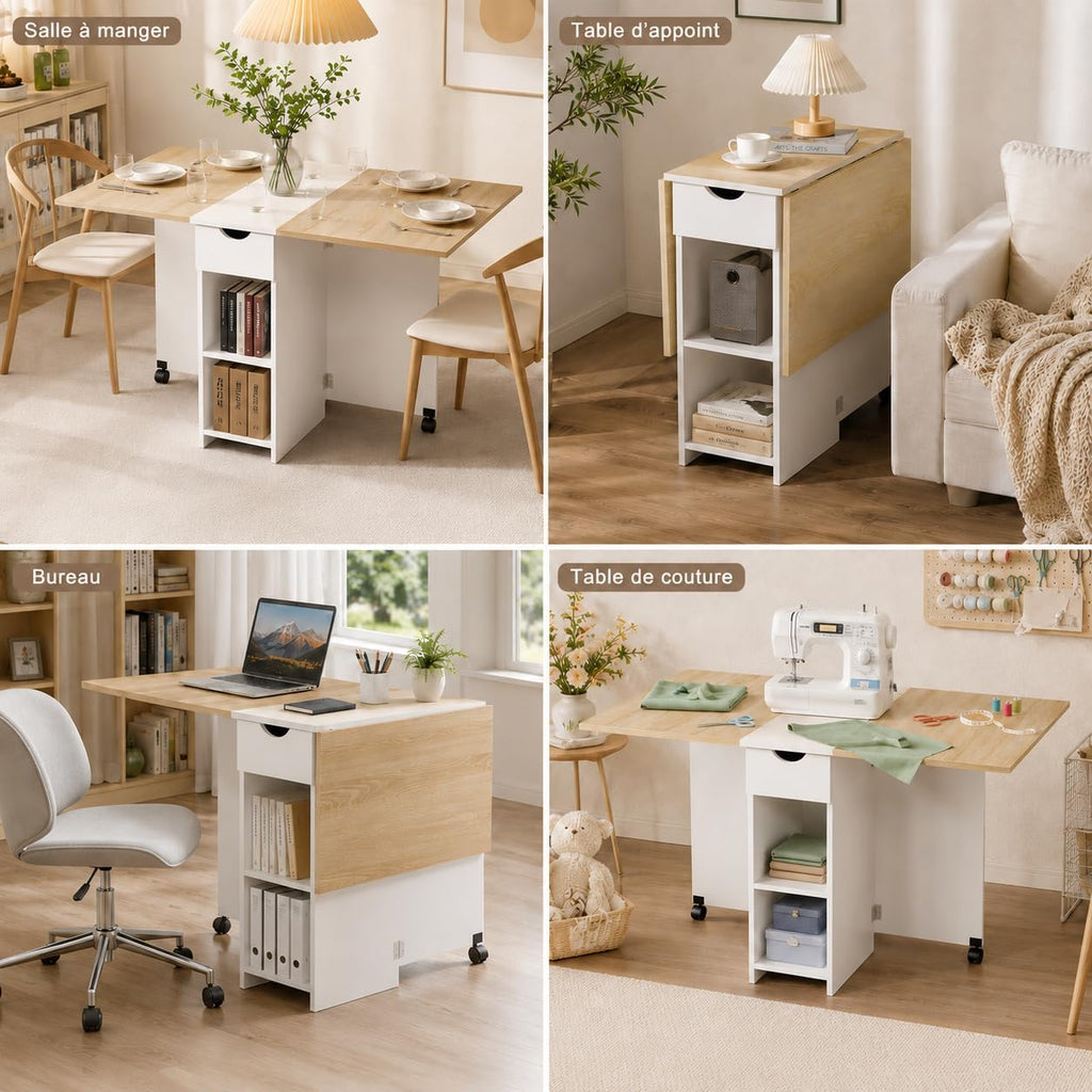 Mondeer Folding Dining Table with Drawer and Shelves, Oak & White | Drop Leaf Kitchen Table with 1 Drawer and 2 Storage Shelves in Modern Style for Small Spaces and Seats 4-6 People.