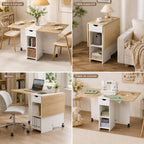 Mondeer Folding Dining Table with Drawer and Shelves, Oak & White | Drop Leaf Kitchen Table with 1 Drawer and 2 Storage Shelves in Modern Style for Small Spaces and Seats 4-6 People.