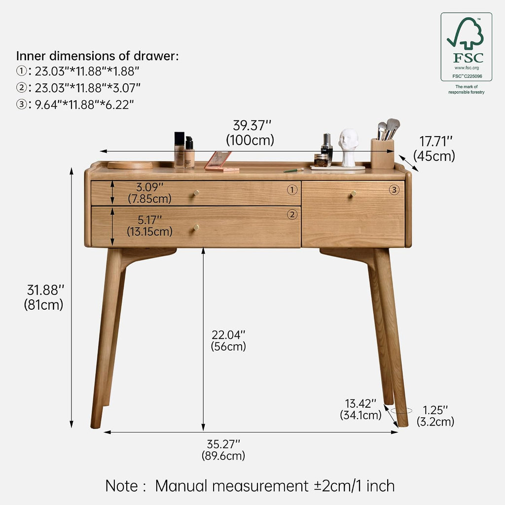 Small Vanity Desk, Solid Wood Dressing Table with Drawer Divider, Study Desk and Vanity Desk for Bedroom, 40" D x 18" W x 32" H